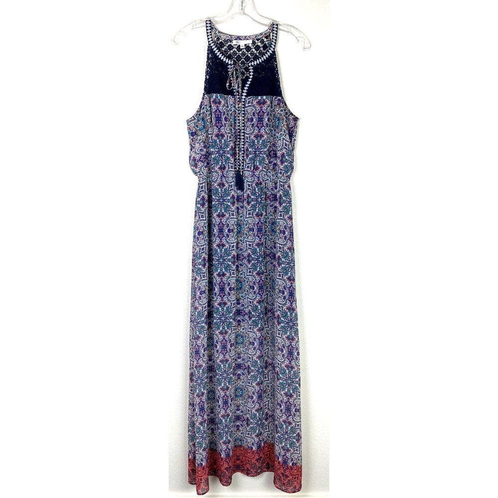 DR2 Daniel Rainn Maxi Halter Dress Size M Blue Purple Boho Crochet Lace Tassels